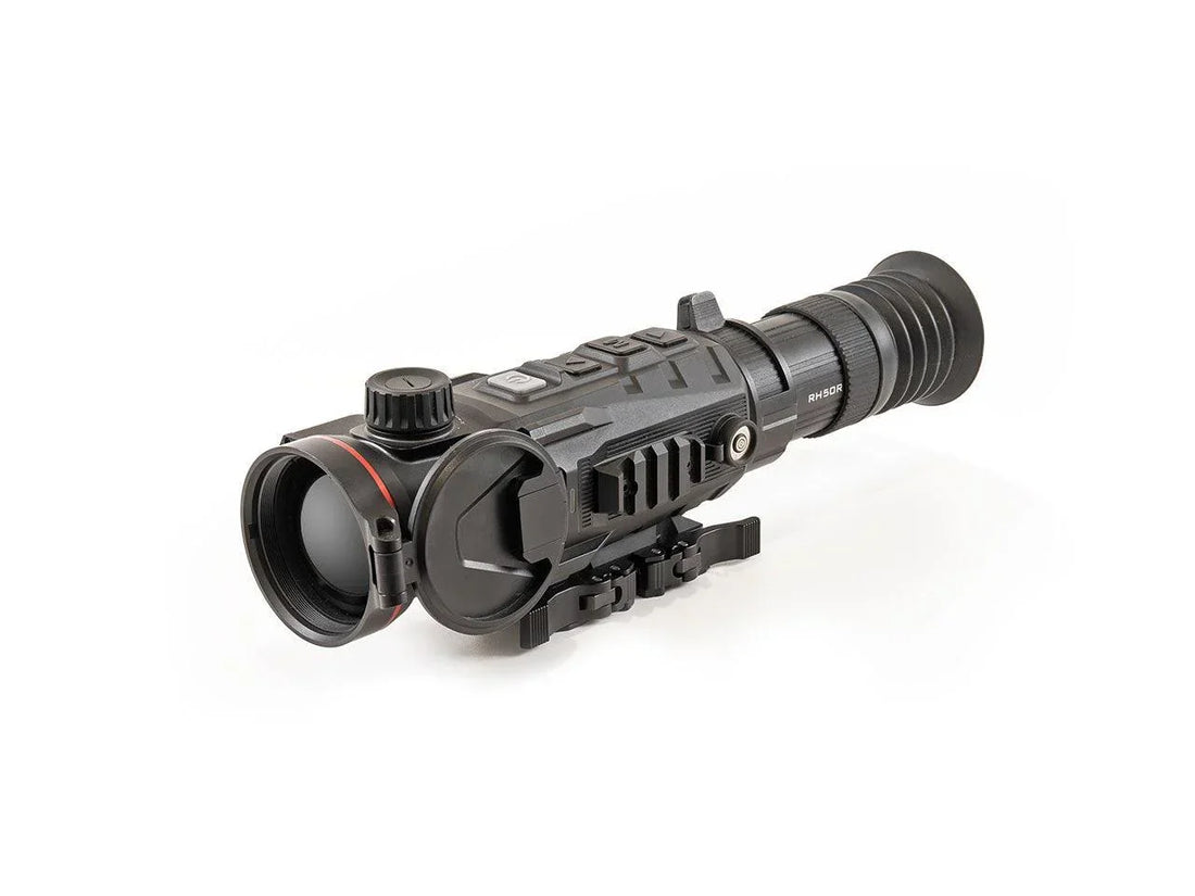 Infiray Outdoor thermal rifle scope Rico series on white background, black advanced night vision optic.