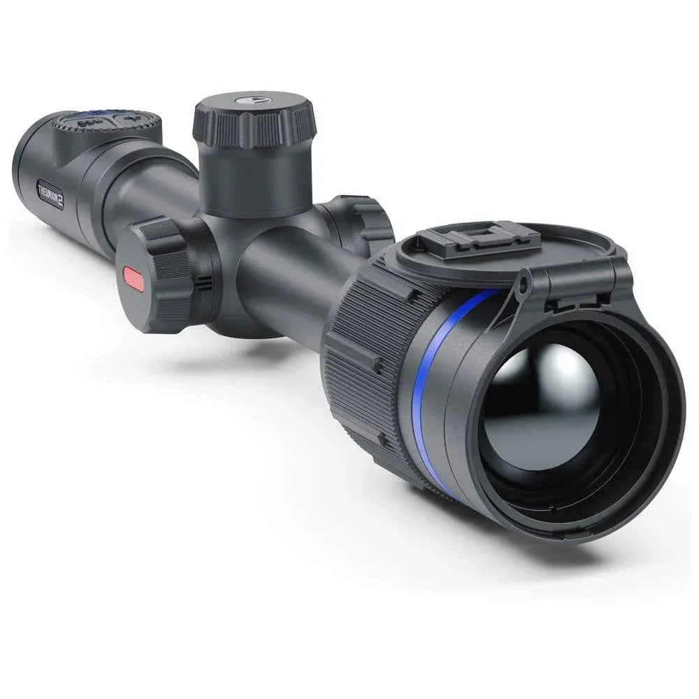 Black thermal rifle scope with large front lens and blue accent stripe on white background