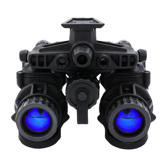 Front view of modern dual-lens night vision goggles with blue lenses on white background