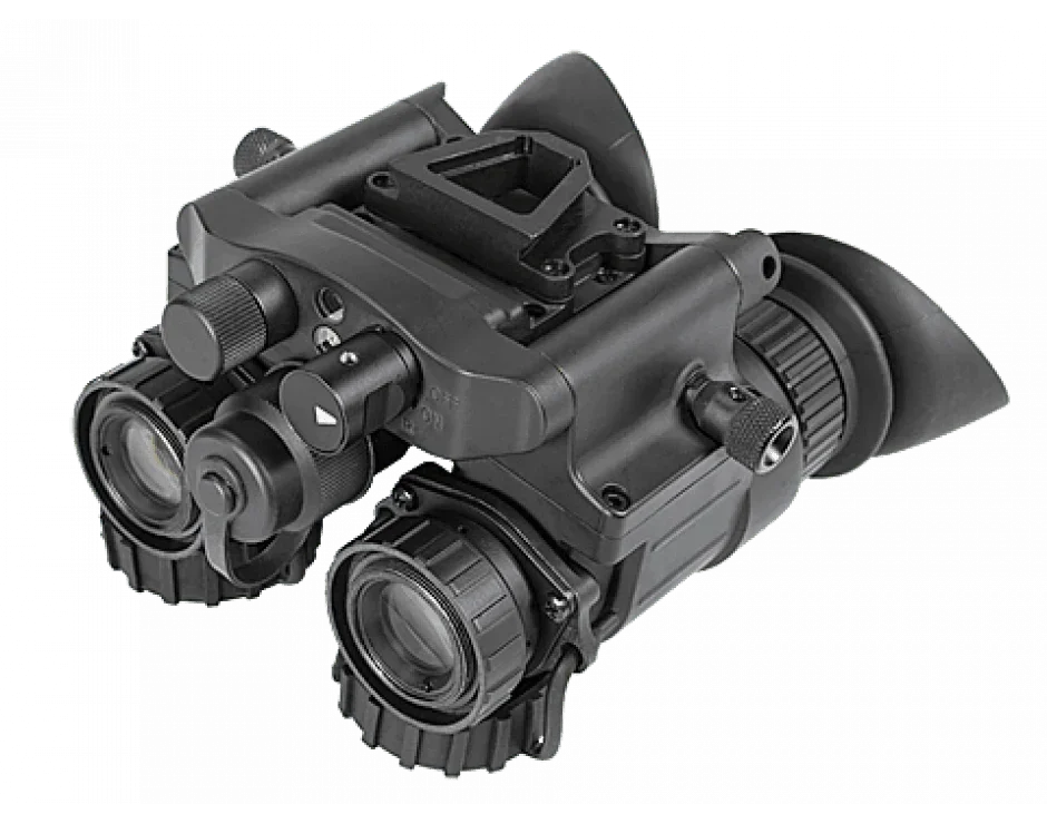 Dual-lens night vision device with adjustable dials and eyecups on black background