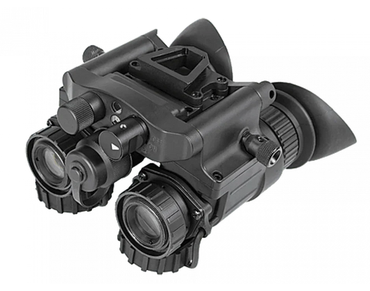 Dual-lens night vision device with adjustable dials and eyecups on black background