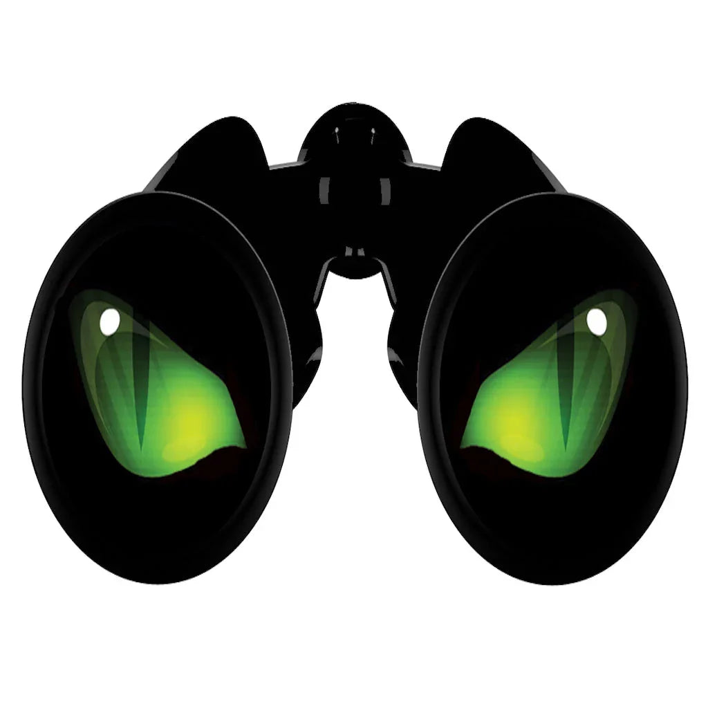 Black binoculars with green night vision effect in the lenses on white background