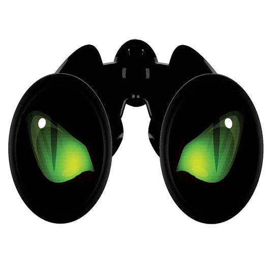 Black binoculars with green night vision effect in the lenses on white background