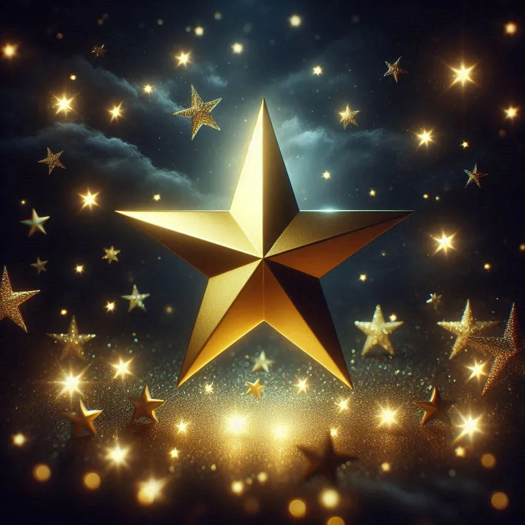 Large golden star surrounded by glowing stars in a night sky, rewards program theme