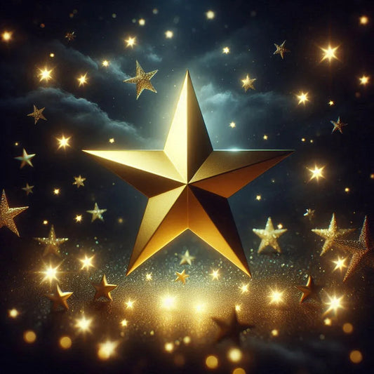Large golden star surrounded by glowing stars in a night sky, rewards program theme
