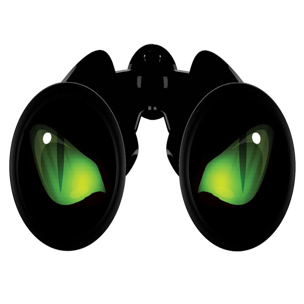 Black night vision binoculars with glowing green reflections in the eyepieces