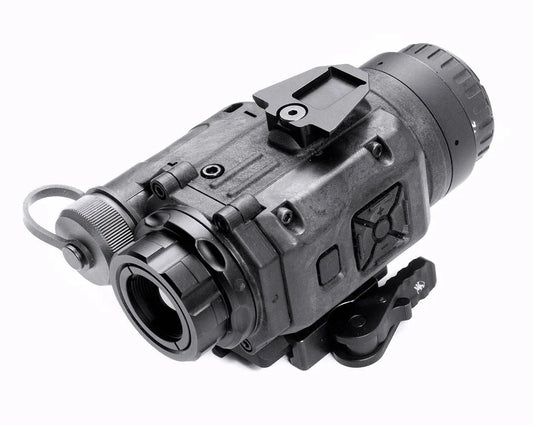 Tactical night vision monocular device with black rugged body on white background