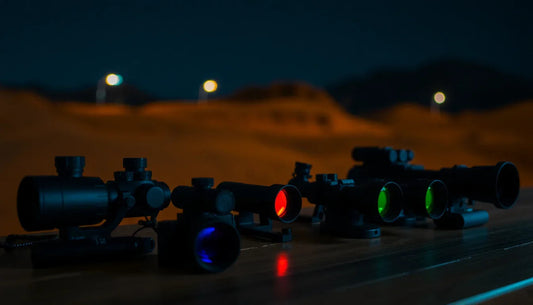 Night vision optics with colored lenses on a table outdoors at night