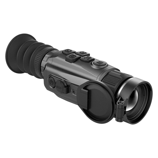 Black thermal optics night vision monocular for home security, detailed buttons and lens