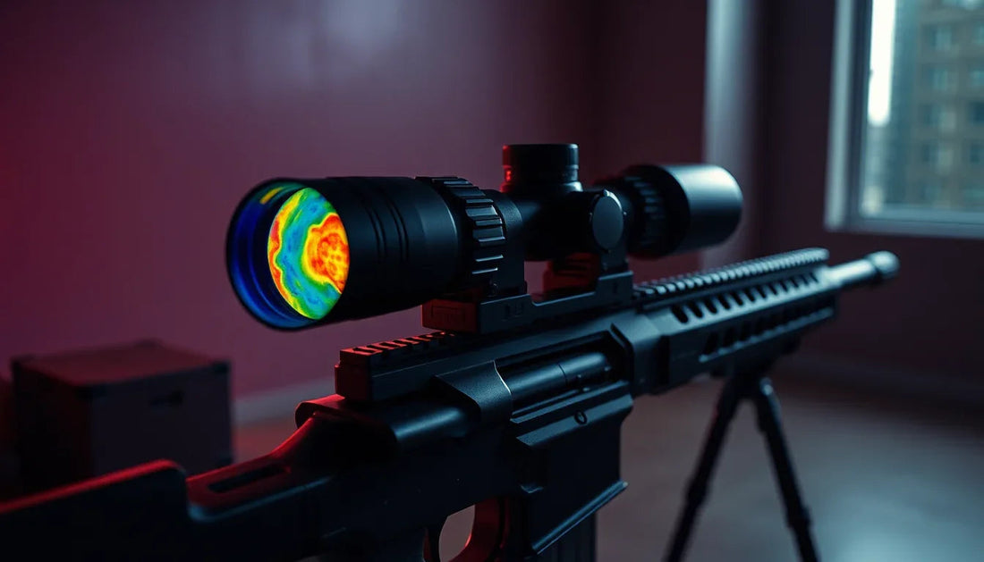 Thermal rifle scope mounted on black rifle indoors, colorful heat signature visible in lens