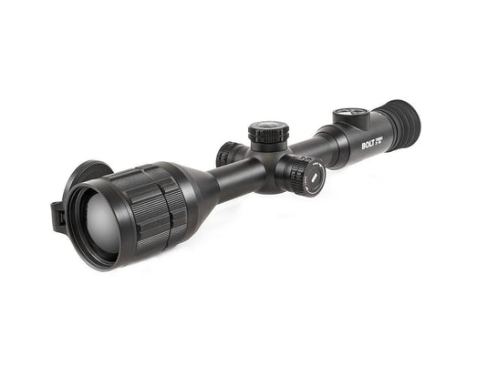 Bolt thermal rifle scope with zoom lens, black finish, on white background