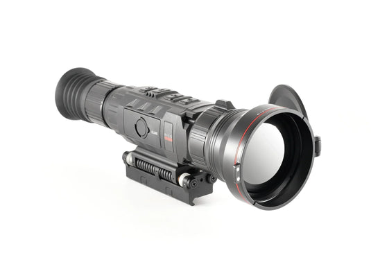 High-tech night vision scope with lens cover, black body, on white background