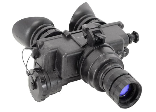 Gen 2 night vision goggles with dual eyepieces and black housing on white background