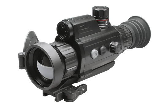 Black thermal scope with lens cap and buttons for night vision device on white background
