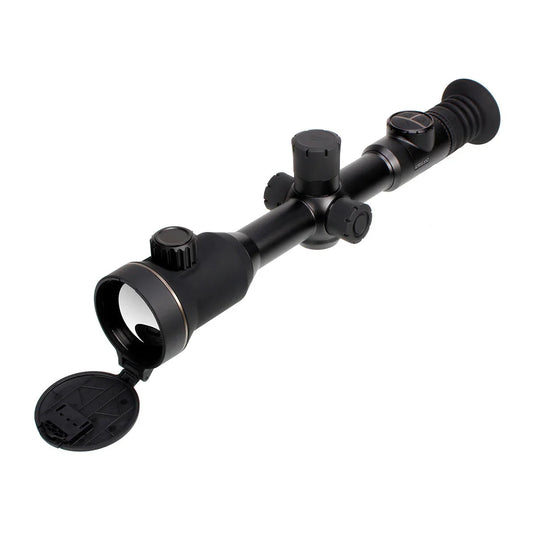 Black infrared night vision riflescope with flip-up lens cover on white background
