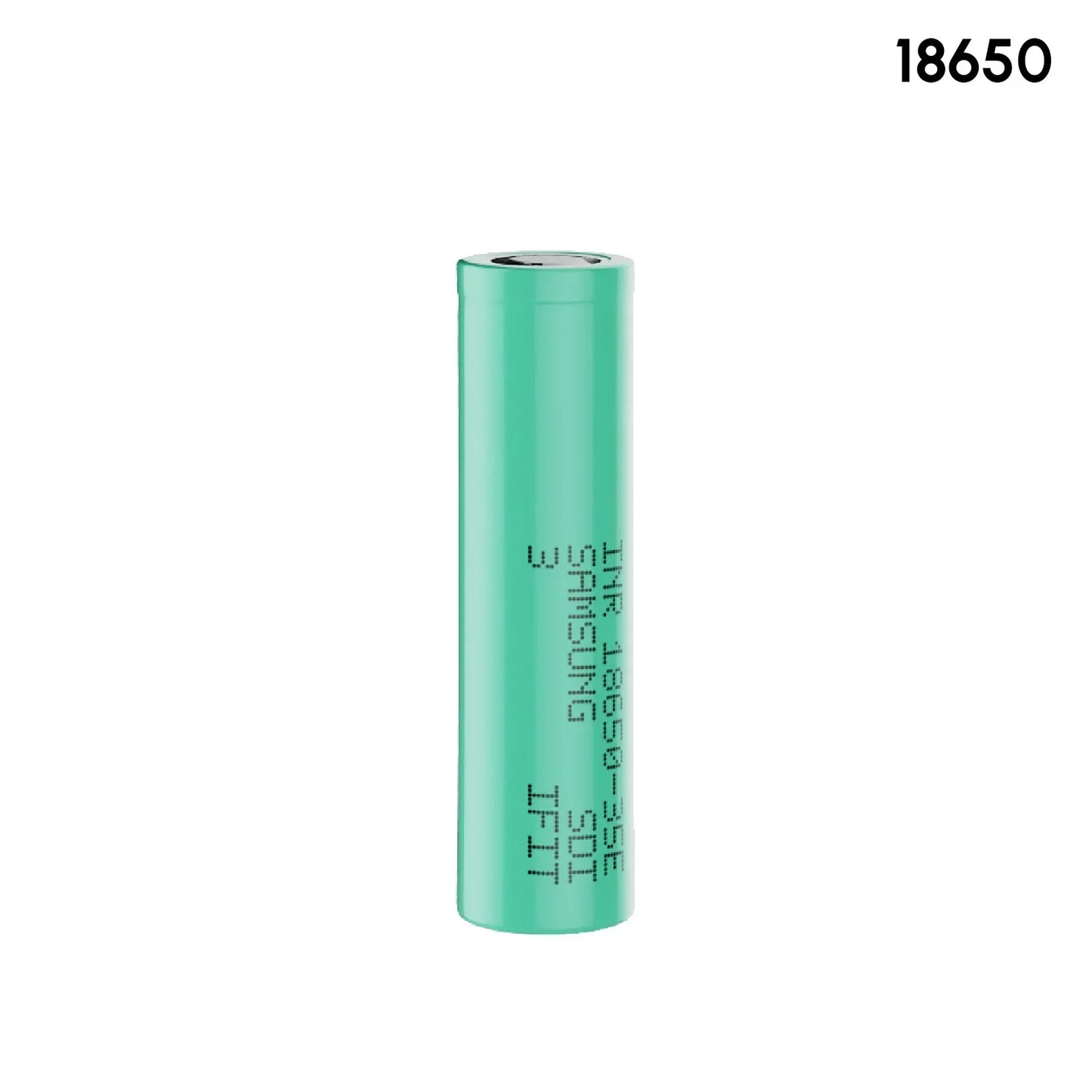 18650 lithium-ion rechargeable battery, green cylindrical cell on white background
