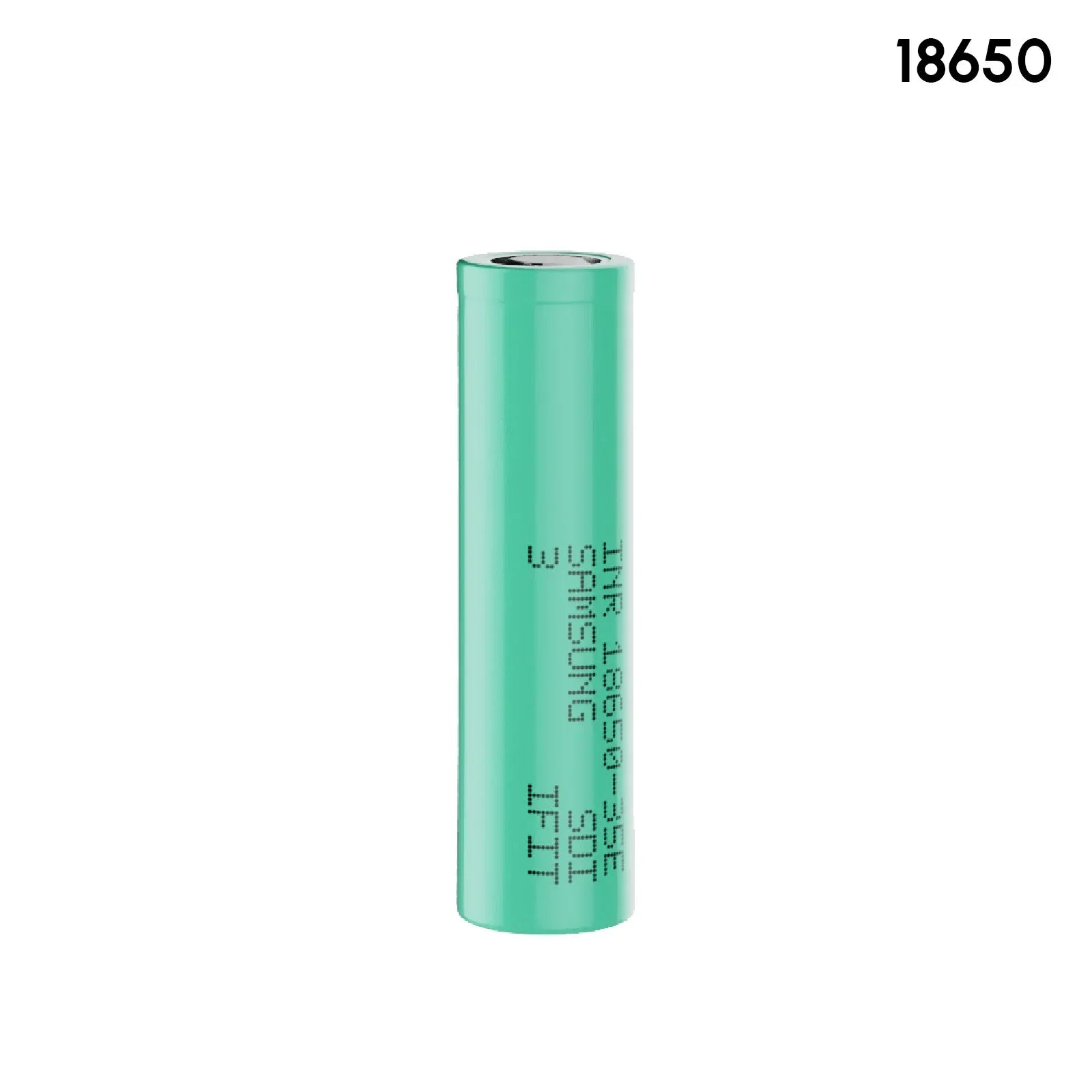 18650 lithium-ion rechargeable battery, green cylindrical cell on white background