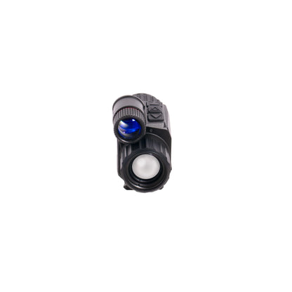 Front view of a black night vision optic device with a blue lens and white objective lens