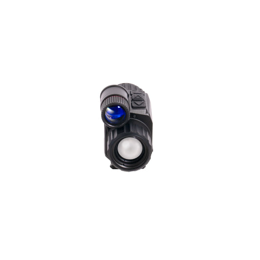 Front view of a black night vision optic device with a blue lens and white objective lens
