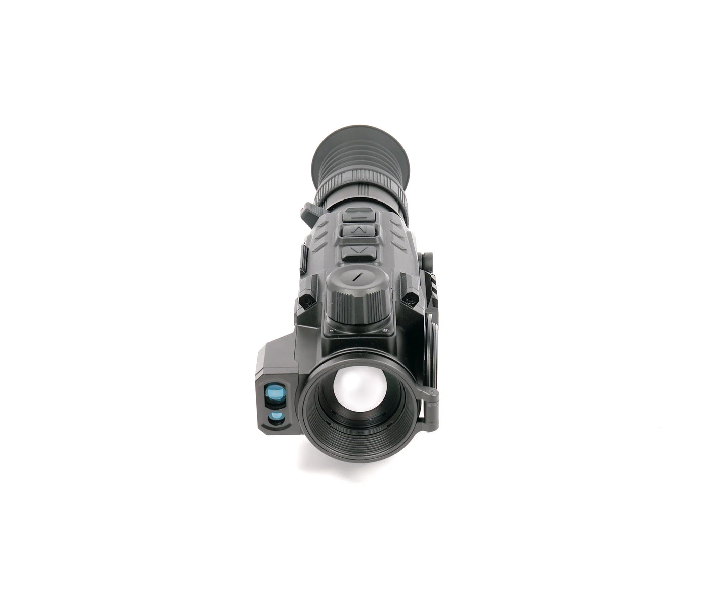 Compact thermal imaging scope with night vision optics, featuring control buttons and lens for low-light use.