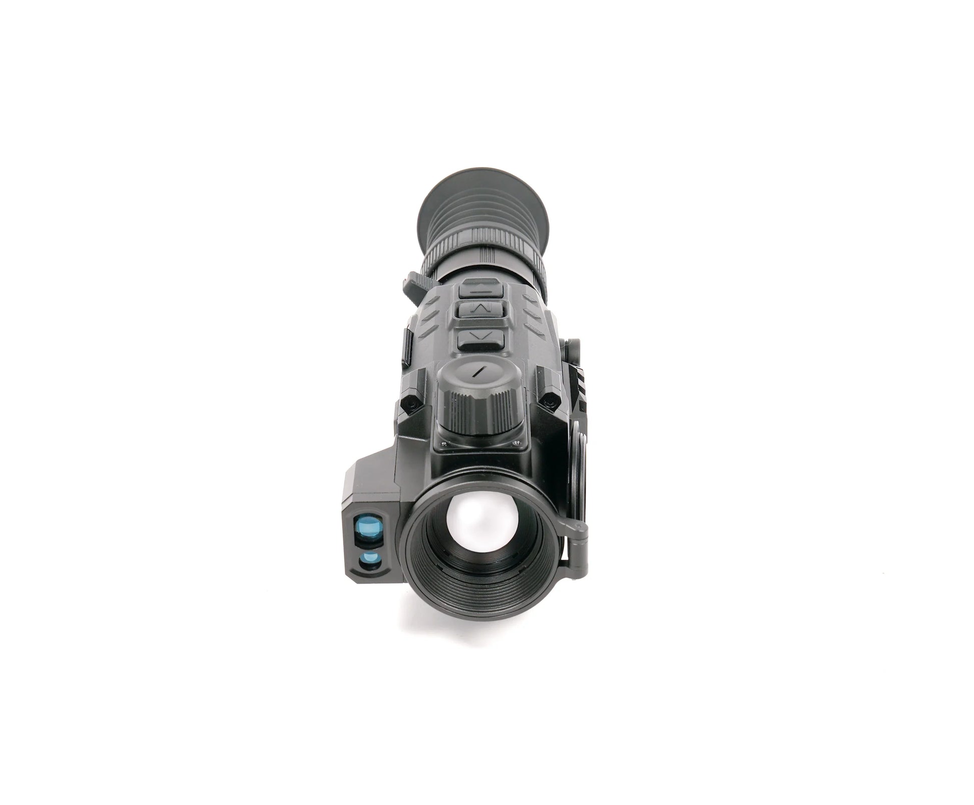 Compact thermal imaging scope with night vision optics, featuring control buttons and lens for low-light use.