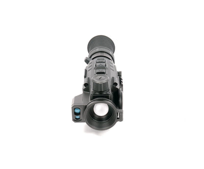 Compact thermal imaging scope with night vision optics, featuring control buttons and lens for low-light use.