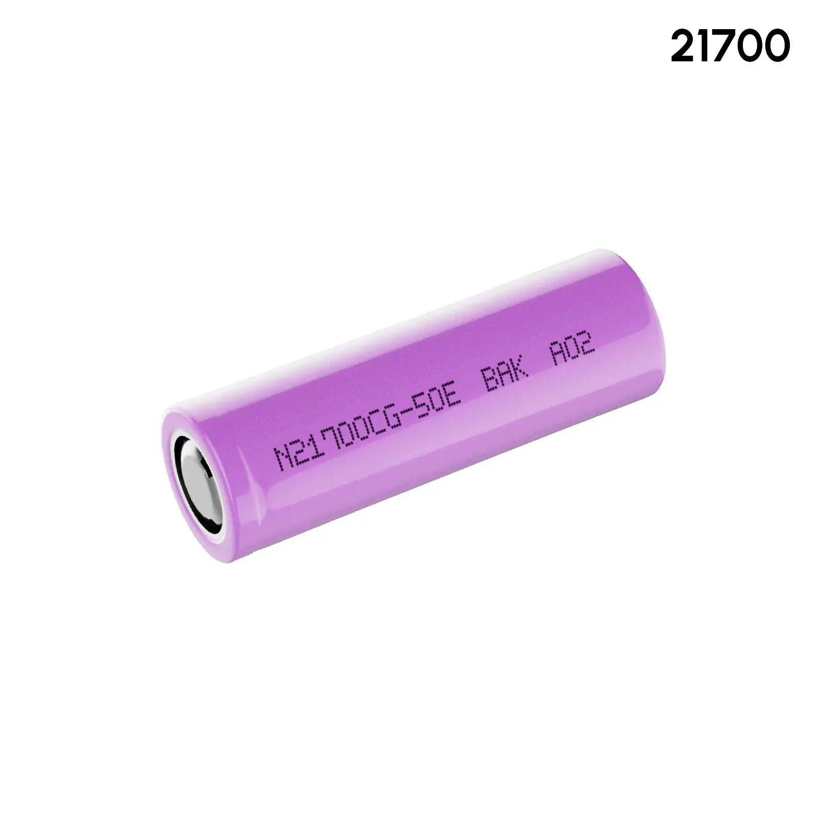 Purple 21700 lithium-ion rechargeable battery on white background, battery label visible.