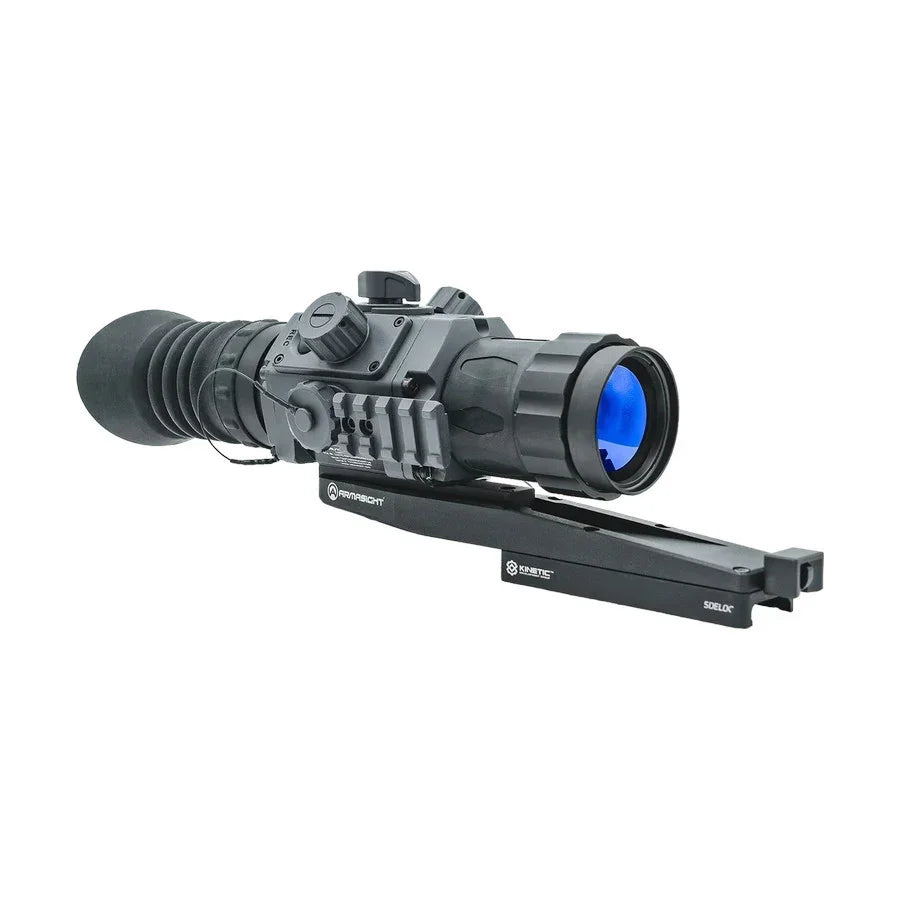 Thermal night vision optic scope with blue lens and adjustable mounts on white background