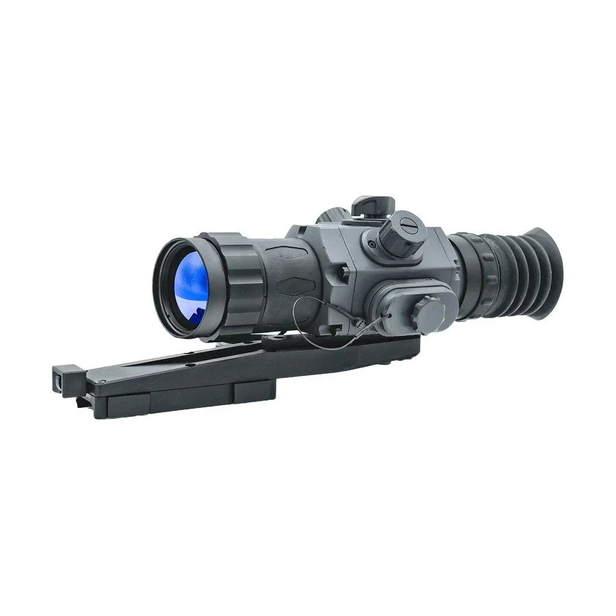 Digital night vision scope with blue lens and mounting rail, side view on white background