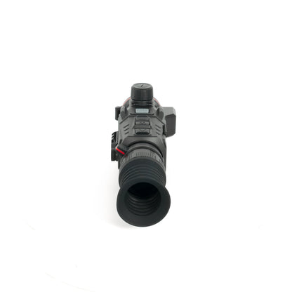 Black night vision scope with red accents, featuring control buttons and adjustment dial for low-light optics use.
