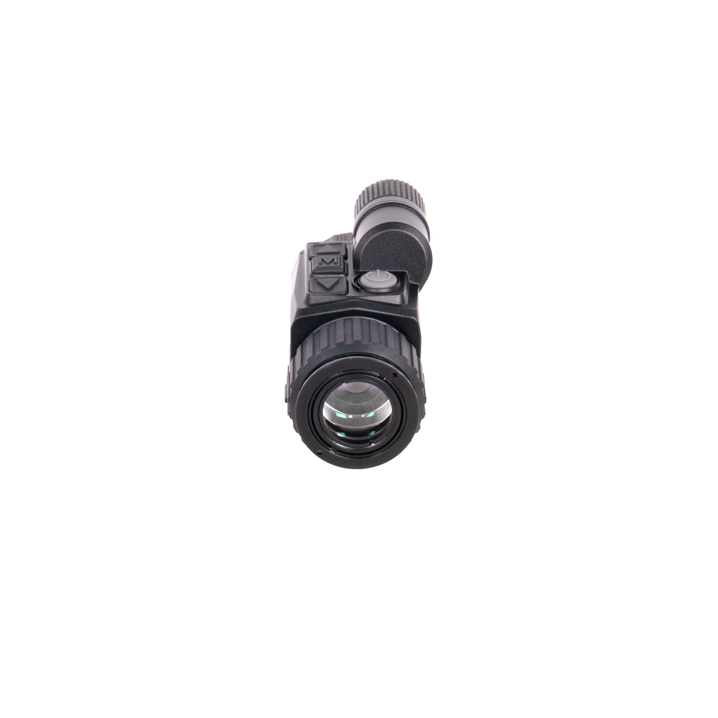 Black night vision optic device viewed from the front on a white background