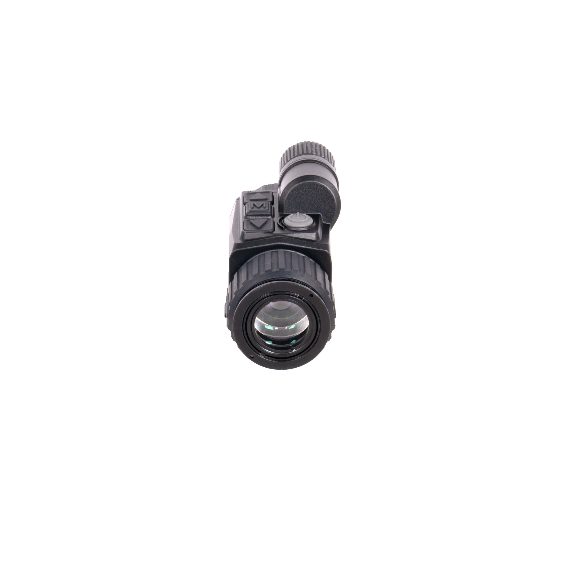 Black night vision optic device viewed from the front on a white background