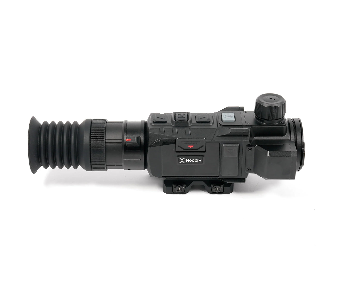 Nocpix thermal imaging scope with night vision optics, tactical design, and control buttons for low-light use.