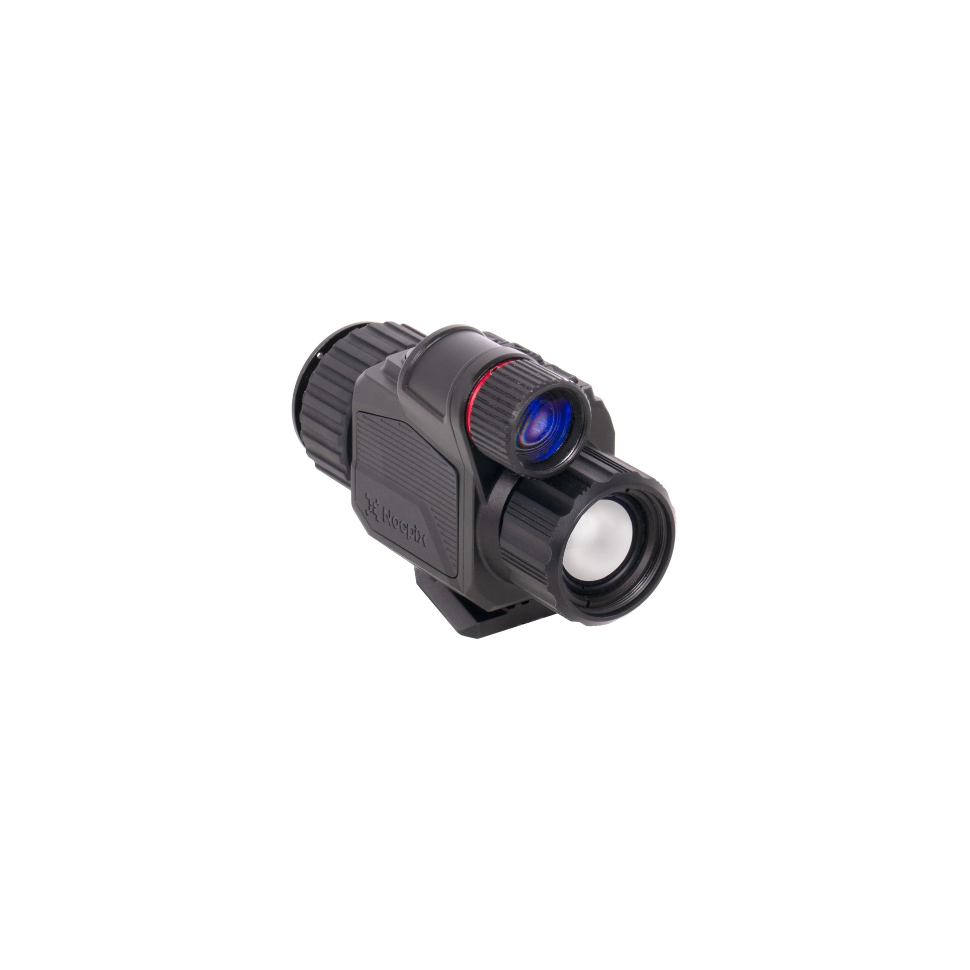 Black digital night vision monocular with eyepiece and objective lens on a white background
