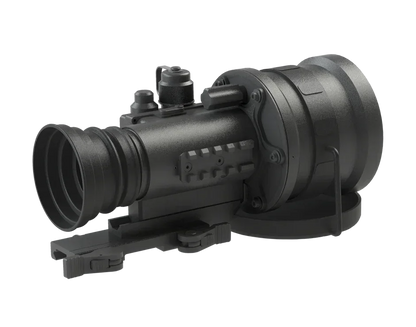 Compact night vision optic device with mounting rail and adjustment knobs on white background