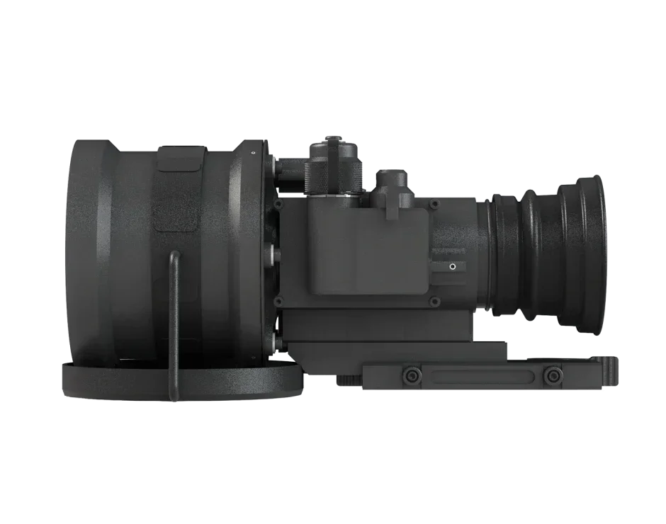 Side view of a digital night vision scope with mounting rail and textured eyepiece