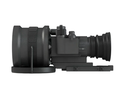 Side view of a digital night vision scope with mounting rail and textured eyepiece