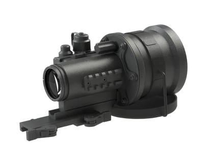 Tactical night vision scope with mounting rail, black, isolated on white background