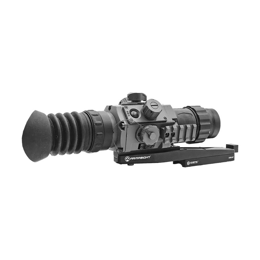 Digital night vision optic scope with rubber eyepiece and control knobs, side view