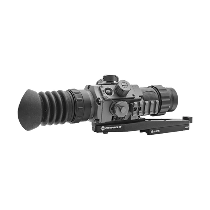 Digital night vision optic scope with rubber eyepiece and control knobs, side view