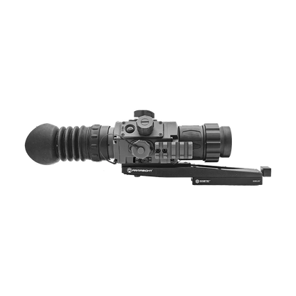 Thermal night vision optic scope with adjustable knobs and rubber eyecup on black mount
