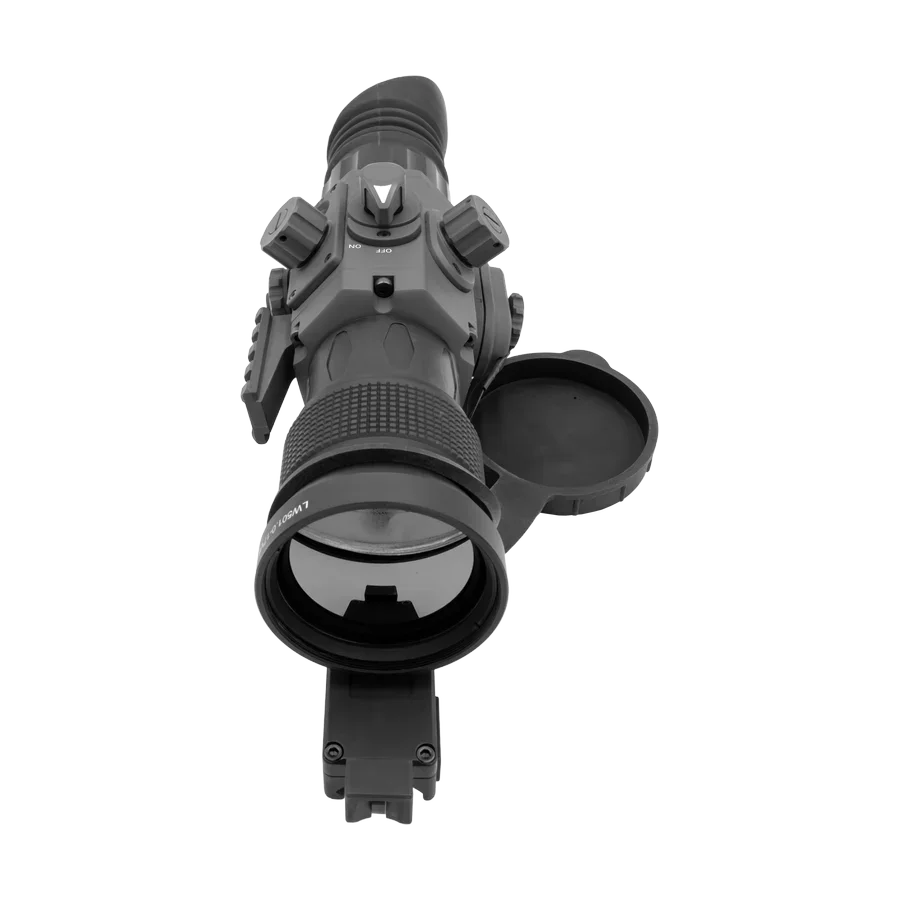 Digital night vision scope with lens cap open, control knobs, and mounting rail