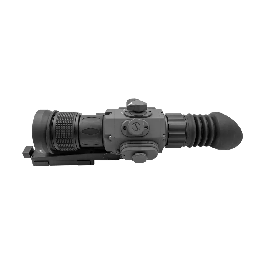 Thermal night vision rifle scope with adjustable knobs and rubber eyepiece, side view