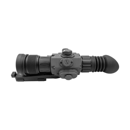 Thermal night vision rifle scope with adjustable knobs and rubber eyepiece, side view