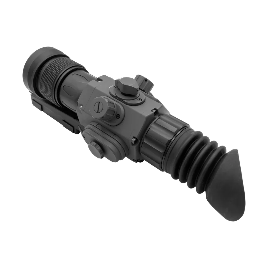 Digital night vision rifle scope with large eyepiece and adjustment knobs, isolated on white