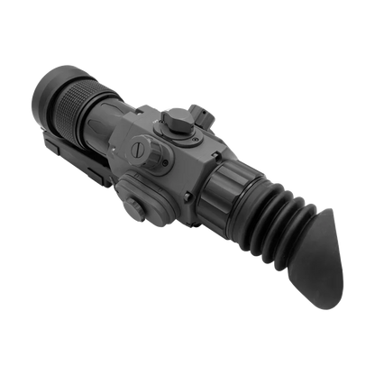 Digital night vision rifle scope with large eyepiece and adjustment knobs, isolated on white