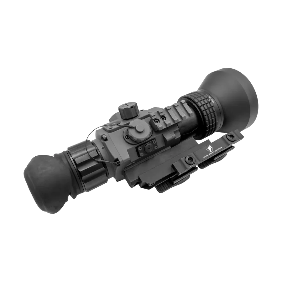 75mm night vision optic scope with eyecup and mounting rail on white background