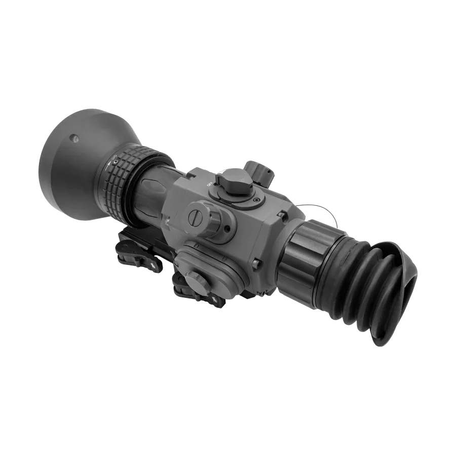 Tactical night vision scope with rubber eyepiece and control dials, side profile view