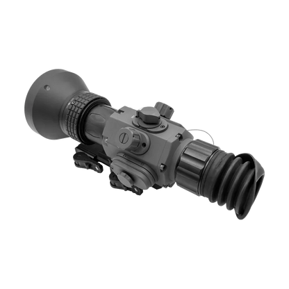 Tactical night vision scope with rubber eyepiece and control dials, side profile view