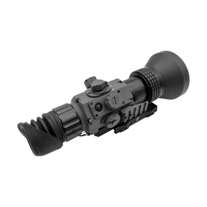 Tactical night vision riflescope with control dials and rubber eyecup on white background
